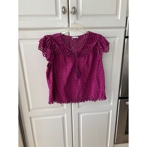 Jennifer & Grace Magenta Pink Eyelet Cotton Tassel Blouse Top Womens Large L